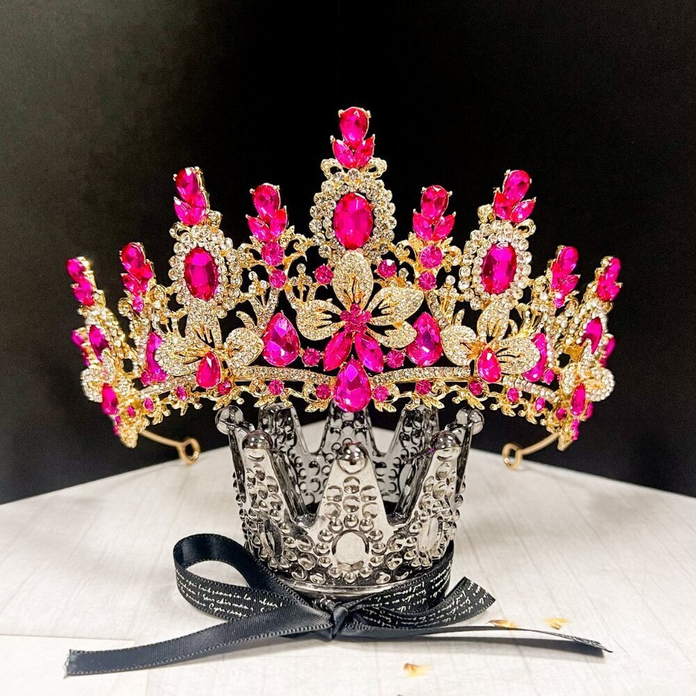 Gold Flower Crown, Hot Pink Floral Headpiece, Bridal Jewelry, Birthday Crown